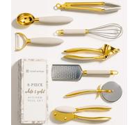 Set di utensili da cucina bianchi e dorati, set di 8 utensili da cucina Luxe, include apriscatole, pinze e spremiaglio, accessori da cucina eleganti bianchi e oro per cucine moderne, ideali da