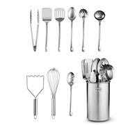 Set di utensili da cucina in acciaio inox - 10 pezzi premium antiaderente e resistente al calore, spatola, cucchiaio per spaghetti, mestolo, tung, schiacciapatate e portautensili