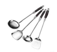 Set di utensili da cucina in acciaio inox con manici in legno, 4 utensili da cucina, tra cui spatola, mestolo, paletta per zuppa, schiumarola, per pentole resistenti al calore, non stucco (padella in