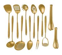 Set di utensili da cucina in acciaio inox opaco 304, 12 pezzi lunghi in metallo con spatola, mestolo, mestolo, schiumarola, tunner, paletta per pasta, pinze (oro, lavabili in lavastoviglie)