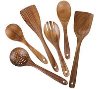 Set di utensili da cucina in legno, cucchiai in legno per la cottura in legno di teak naturale, set di spatole da cucina, tra cui cucchiaio mestolo, forchetta, antiaderente Pan Utensile da cucina (6)