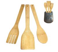 Set di Utensili da Cucina in Legno di Bamboo - Kit di 3 Accessori da Cucina AntiGraffio (Paletta per Cucina, Cucchiaio in Legno, Mestolo) - Attrezzi da Cucina in bambù Naturale