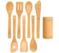 Set di Utensili da Cucina in Legno di Bamboo - Kit di 8 Accessori per Cucina (Paletta, Spatola, Pinze, Cucchiaio in Legno, Porta Mestoli) - Attrezzi in Bambù 100% Naturale - BlauKe®