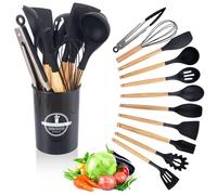Set di utensili da cucina in silicone, 12 pezzi, con manico in legno, antiaderenti, set di utensili da cucina in silicone, resistenti al calore, resistenti al calore, colore nero