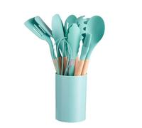 Set di utensili da cucina in silicone, 12 pezzi, set di utensili da cucina con manico in legno, poggia cucchiaio da cucina, resistente al calore, set di utensili antiaderenti per appartamenti, casa e