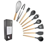 Set di Utensili da Cucina in Silicone 9/11pezzi Pasticceria Casalinga | Antiaderente, Resistente al Calore, Resistente Alla Deformazione, Manico in Legno, Foro per Appendere, Contenitore per Ripor