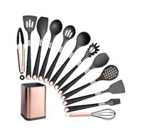 Set di utensili da cucina in silicone antigraffio antiaderenti resistenti al calore, spatola, cucchiaio, manico in oro rosa con secchio(Black-012-1)