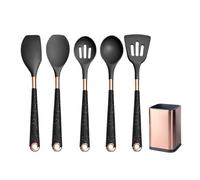 Set di utensili da cucina in silicone antigraffio antiaderenti resistenti al calore, spatola, cucchiaio, manico in oro rosa con secchio(Black-05-1)