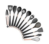 Set di utensili da cucina in silicone antigraffio antiaderenti resistenti al calore, spatola, cucchiaio, manico in oro rosa con secchio(Black-012)