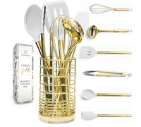 Set di utensili da cucina in silicone bianco e oro con porta utensili dorati, 7 pezzi di utensili da cucina in silicone, ideali per pentole antiaderenti e cucine moderne ed eleganti, accessori da