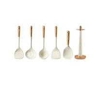 Set di utensili da cucina in silicone, manico in legno duro resistente, resistenti al calore, padella antiaderente, cucchiaio lungo for porridge, setaccio, spatola(6PCS)