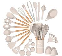 Set di utensili da cucina in silicone, set di 28 utensili da cucina in silicone, set di spatole con supporto per pentole antiaderenti resistenti al calore, cachi