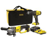 STANLEY FATMAX, Kit Stanley Fatmax V20 - smerigliatrice angolare a batteria da 125 mm, trapano a percussione a batteria, caricabatterie e 2 batterie al litio da 2,0 Ah + valigetta. SFMCK471D2S-QW