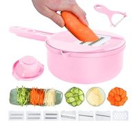 Set di utensili multifunzione per verdure e formaggio, con cestello di scarico, affettaverdure, affettatrice a mandolina, utensile da cucina, pelapatate e trituratore (rosa, 9 in 1)