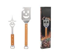 Set di utensili per barbecue 8 in 1, accessori multifunzione per barbecue, 2 pezzi, set di spatole e forchette per picnic all'aperto, utensili da barbecue in acciaio inox con manico in legno