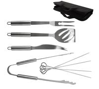 Set di utensili per barbecue in acciaio, in custodia, composto da 9 pezzi.