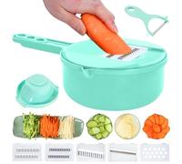 Set di utensili per grattugiare verdure e formaggio, multifunzione, con cestello di scarico, affettaverdure, affettatrice a mandolina, tritatutto, gadget da cucina, pelapatate e trituratore (verde, 7