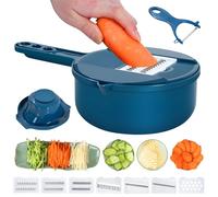 Set di utensili per grattugiare verdure e formaggio, multifunzione, con cestello di scarico, affettaverdure, affettatrice a mandolina, tritatutto, gadget da cucina, pelapatate e trituratore (blu, 9 in