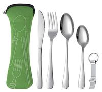 Set di Utensili Portatili, Set di Posate da Campeggio Viaggio in Acciaio Inox Riutilizzabili con Custodia, 5 Pezzi Argenteria Set Coltello, Forchette, Cucchiaio, Apribottiglie (Verde)