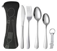 Set di Utensili Portatili, Set di Posate da Campeggio Viaggio in Acciaio Inox Riutilizzabili con Custodia, 5 Pezzi Argenteria Set Coltello, Forchette, Cucchiaio, Apribottiglie (Nero)