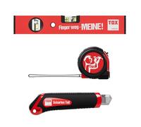 Set di utensili TOX con taglierino, metro a nastro da 5 m e livella a bolla da 30 cm con stampa, taglierino per moquette (2 lame di ricambio) e metro a nastro, 1 unità ciascuno, 09790903