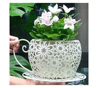 Set di vasi da caffè in metallo vintage con design floreale cavo per tazze da tè da giardino con piattino abbinato per fioriere interne ed esterne, decorazione per casa e giardino, colore bianco