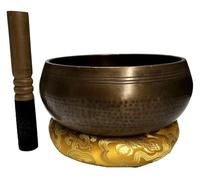 Set di vasi di canto tibetani, Set di campane tibetane da 20 cm. Cuscino in seta con mazzuolo Zen for yoga in metallo realizzato a mano in Nepal
