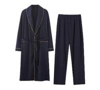 Set di Vestaglia in Cotone da Uomo, Pigiama con Lettere Ricamate e Pantaloni Lunghi con Elastico in Vita. Nero-4XL (Blu Scuro Large)
