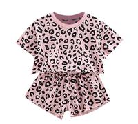 Set di vestiti estivi per bambini e bambine, stampa leopardata, maglietta e pantaloni corti, 2 pezzi, Colore: rosa., 5-6 Anni