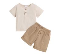 Set di vestiti estivi per bambini, tinta unita, polo e pantaloncini da spiaggia con tasche e elastico in vita, in cotone e lino, 2 pezzi, per ragazzi 3M-3Y, abbigliamento casual cachi