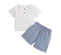 Set di vestiti estivi per bambini, tinta unita, polo girocollo e pantaloncini da spiaggia con tasche e elastico in vita, in cotone e lino, 2 pezzi, vestito per ragazzi 3M-3Y, abbigliamento casual blu