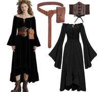 Set di vestiti medievali da donna, camicetta pirata, vestito da fate, costume da strega, abbigliamento da viaggio con corsetto, marsupio, cintura, costume da carnevale, festival (nero, M)