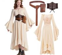 Set di vestiti medievali da donna, camicetta pirata, vestito da fate, costume da strega, abbigliamento da viaggio con corsetto, marsupio, cintura, costume di carnevale, festival (apricot, S)