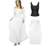 Set di vestiti medievali da donna, camicetta pirata, vestito da fate, costume da strega, abbigliamento da viaggio con corsetto, marsupio, cintura, costume da carnevale, nero/bianco, S