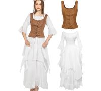 Set di vestiti medievali da donna, camicetta pirata, vestito da fate, costume da strega, abbigliamento da viaggio con corsetto, borsa da cintura, costume da carnevale per festival (cachi, L)