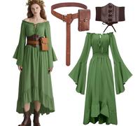 Set di vestiti medievali da donna, camicetta pirata, vestito da fate, costume da strega, abbigliamento da viaggio con corsetto, marsupio, cintura, costume da carnevale, festival (verde, S)