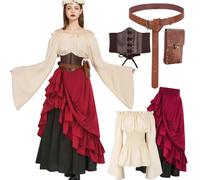 Set di vestiti medievali da donna, camicetta pirata, vestito da fate, costume da strega, abbigliamento da viaggio con corsetto, borsa da cintura, costume da carnevale, festival (rosso, M)