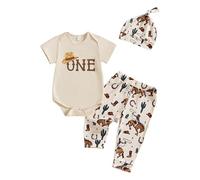 Set di vestiti per bambini, per il primo compleanno, per ragazzo selvaggio, con stampa di mucca, pantaloni 1° rodeo party, cowboy, torte, servizio fotografico, 1° anno, beige., 6-12 Mesi