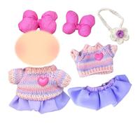 Set di vestiti per bambole in peluche, 17 cm, viola, 1 fiocco, 1 maglione, 1 gonna, 1 fiore all'uncinetto, elegante, sognante e alla moda, regalo per bambini (senza bambola)