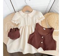Set di vestito e gilet da bambina con colletto Peter Pan e maniche a petalo, per l'estate 6-9M,9-12M,12-18M,18-24M,2-3YBlocchi di coloreVelluto a coste,Poliestere