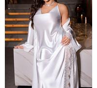 Set di vestito lungo e vestaglia in maxi abito con spacco laterale, in finta seta con pizzo a contrasto, abbigliamento autunno inverno per taglie forti 1XL,2XL,3XL,4XL,5XLPianteRaso