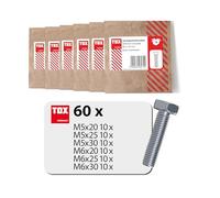 Set di viti esagonali TOX (60 pezzi), zincate, DIN 933, viti con filettatura completa e testa bassa - M5x20, M5x25, M5x30, M6x20, M6x25, M6x30 - in confezione di carta ecologica, 09990915