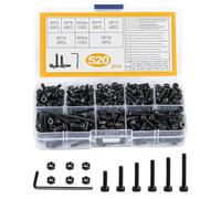 Set di viti M3 con dadi, 520 pezzi, nero, set di viti a testa esagonale metrica, viti a testa esagonale, viti per macchina per bicicletta con assortimento di dadi, set di viti filettate