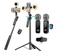 Set di vlogging per iPhone/Android, 180 cm, con tracciamento automatico del viso, rotazione a 360° per cellulare, supporto per contenuti, starter set con luce e microfono, bastone per selfie per