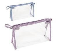 Set di x2 beauty case in plastica trasparente impermeabile, fiori blu e lilla, astuccio per trucchi, 24 cm, trasparente, 24x8x15 cm