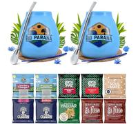 Set di Yerba mate per due persone con accessori | Yerba mate Yaguar, Verde Mate, Soul Mate, Guarani, El Fuego, Rio Parana | Calabash, bombilla e accessori | 10x50g | Caffeina naturale | 500g | 0,5kg