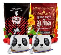 Set di yerba mate Verde Mate e El Fuego con accessori per due persone | Confezione da due di yerba mate | Energia Guarana | Calabash, bombilla e accessori | Caffeina naturale | 2x500g |1kg