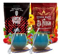 Set di yerba mate Verde Mate e El Fuego con accessori per due persone | Confezione da due di yerba mate | Energia Guarana | Calabash, bombilla e accessori | Caffeina naturale | 2x500g | 1kg
