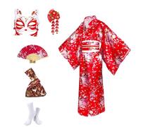 Set di Yukata Kimono Giapponese da Donna,Kimono Cosplay in Raso con Obi e Fiocco,Costume Carnevale Geisha per Fotografie,Palcoscenico e Feste con Accessori in Scatola Regalo,Fiore di Ciliegio,Rosso