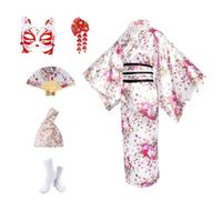Set di Yukata Kimono Giapponese da Donna,Kimono Cosplay in Raso con Obi e Fiocco,Costume Carnevale Geisha per Fotografie,Palcoscenico e Feste con Accessori in Scatola Regalo,Fiore di Ciliegio,Bianco